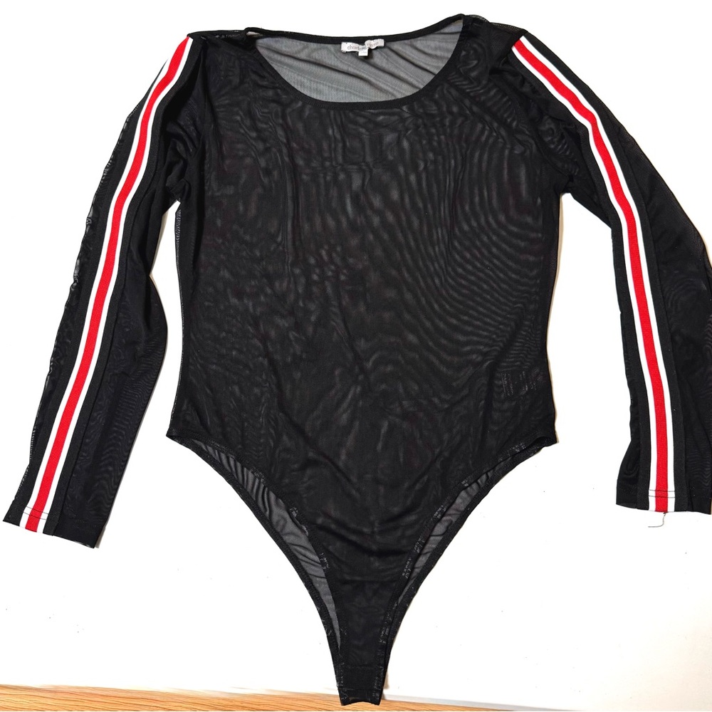 Black Long Sleeve Bodysuit with Red and White Stripes
